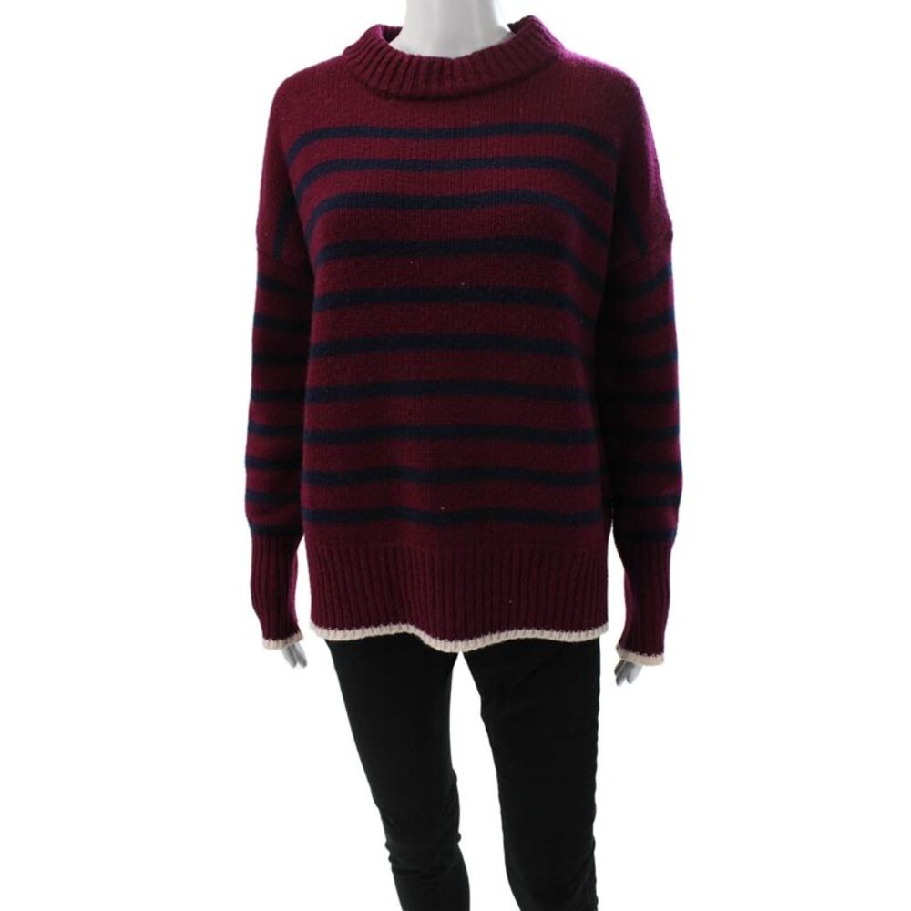 La Ligne Women Pullover Sweater Red High Neck Striped Long Sleeve Size S